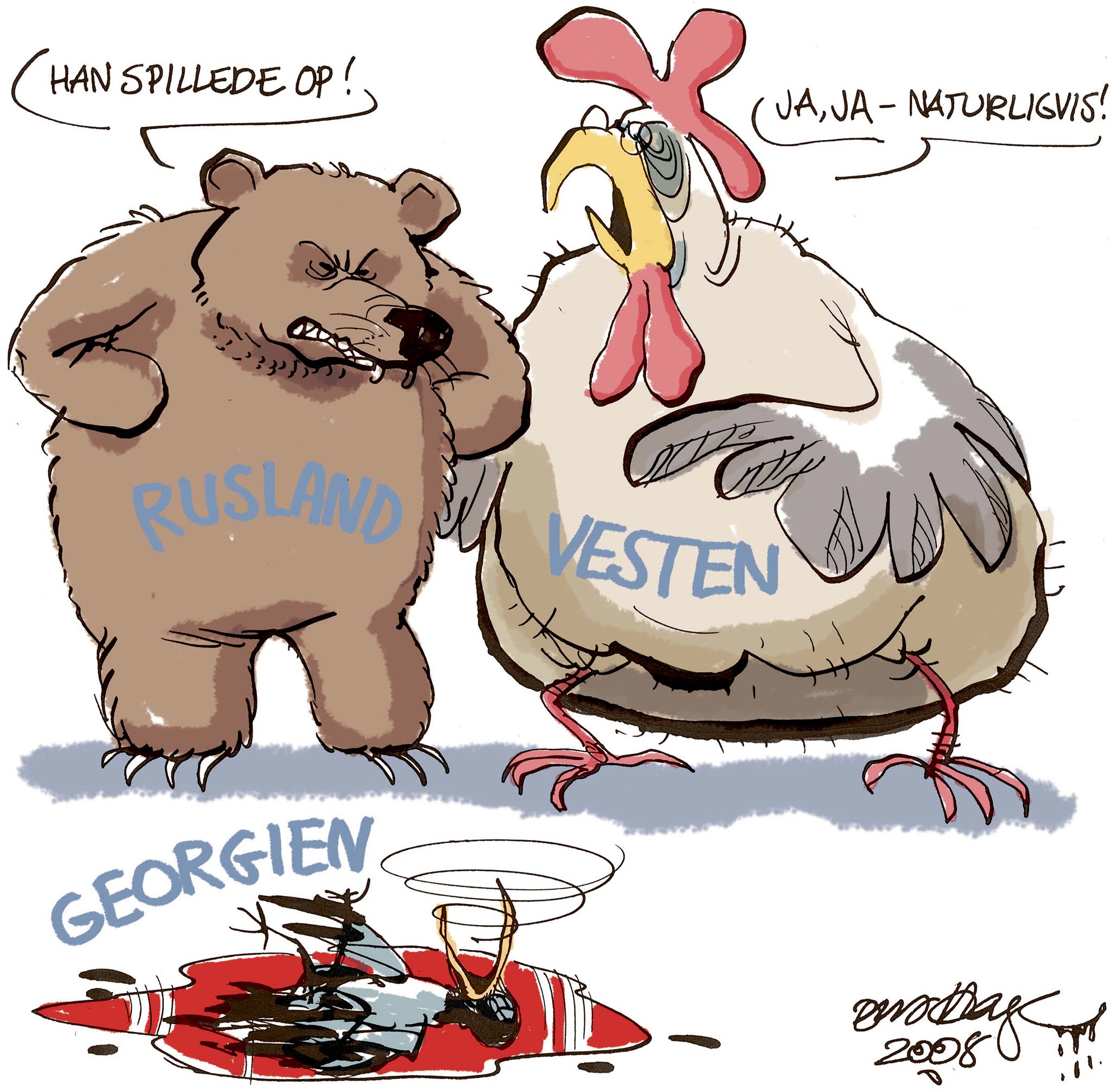 Satire tegning: Georgien beder EU, FN og NATO om støtte efter Ruslands overgreb.